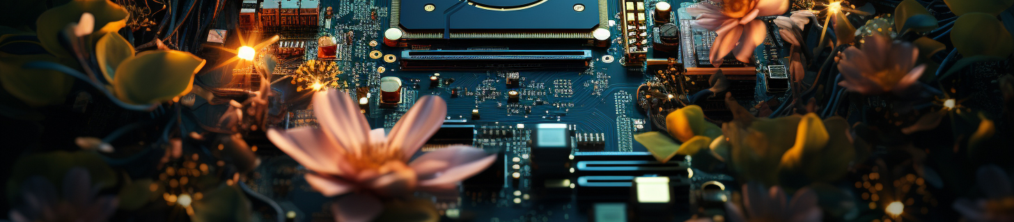 A circuit board with plants and flowers growing from its silicon.